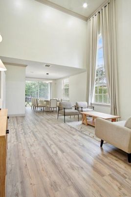 Dining room, Interior, Living room, Pendant Lights, Recessed Lighting, Wood Texture Flooring
