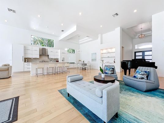 Chandelier, Dining room, Interior, Kitchen, Living room, Pendant Lights, Recessed Lighting, Wood Texture Flooring