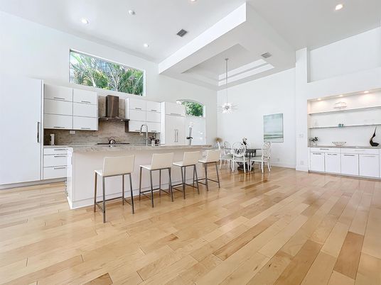 Dining room, Interior, Kitchen, Pendant Lights, Recessed Lighting, Wood Texture Flooring