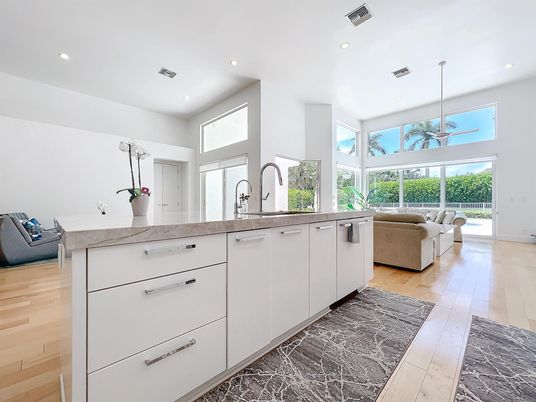 Interior, Kitchen, Living room, Recessed Lighting, Wood Texture Flooring