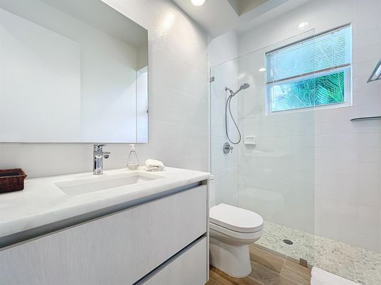 Bathroom, Glass Shower, Interior, Recessed Lighting, Wood Texture Flooring