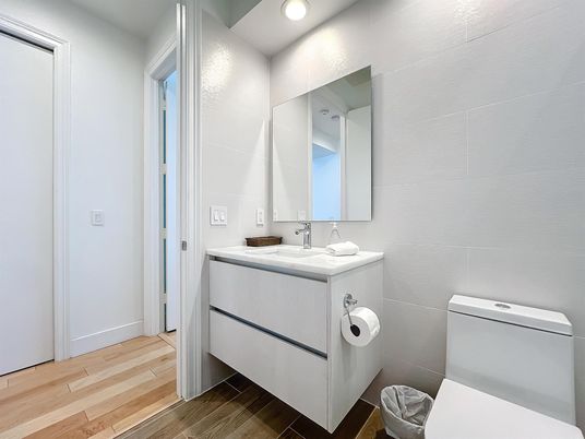 Bathroom, Interior, Recessed Lighting, Wood Texture Flooring