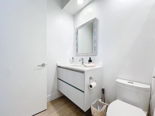 Bathroom, Interior, Recessed Lighting, Wood Texture Flooring