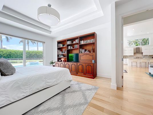 Bedroom, Interior, Pendant Lights, Recessed Lighting, Wood Texture Flooring