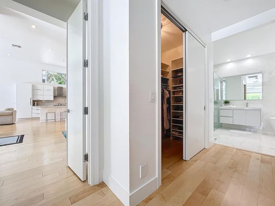 Bathroom, Interior, Marble, Recessed Lighting, Wood Texture Flooring