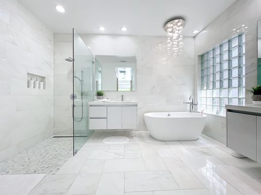 Bathroom, Dual Sink Vanities, Free Standing Baths, Glass Shower, Interior, Marble, Marble Walls, Pendant Lights, Recessed Lighting