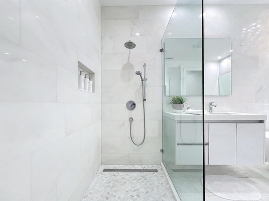 Bathroom, Glass Shower, Interior, Marble Walls, Recessed Lighting