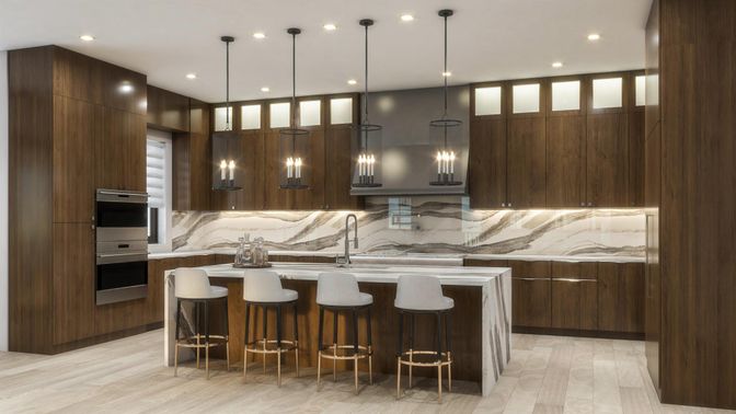 Interior, Kitchen, Marble Walls, Pendant Lights, Recessed Lighting, Stainless Steel Appliances, Wood Texture Flooring
