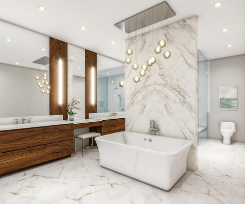 Bathroom, Dual Sink Vanities, Free Standing Baths, Interior, Marble, Marble Walls, Pendant Lights, Recessed Lighting