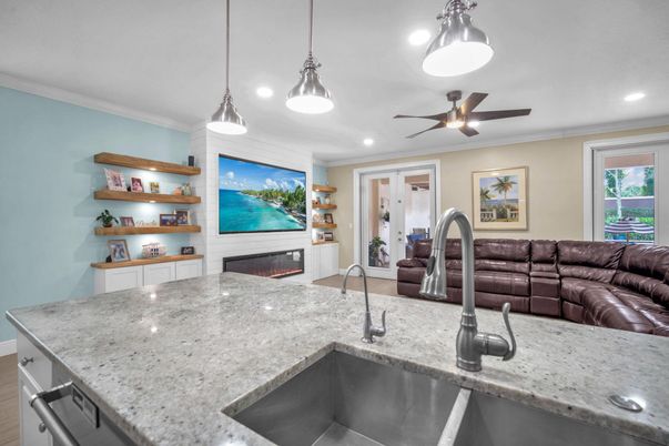 Fireplace, Interior, Kitchen, Living room, Pendant Lights, Recessed Lighting