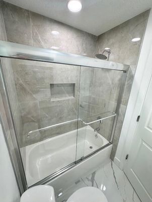 Bathroom, Glass Shower, Interior, Marble, Marble Walls, Recessed Lighting
