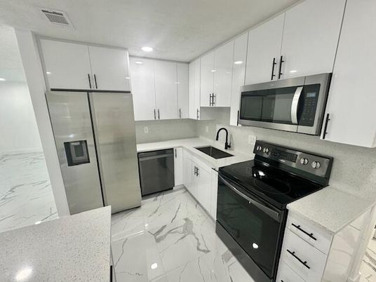 Interior, Kitchen, Marble, Recessed Lighting, Stainless Steel Appliances