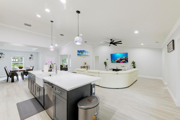 Dining room, Interior, Kitchen, Living room, Pendant Lights, Recessed Lighting, Wood Texture Flooring