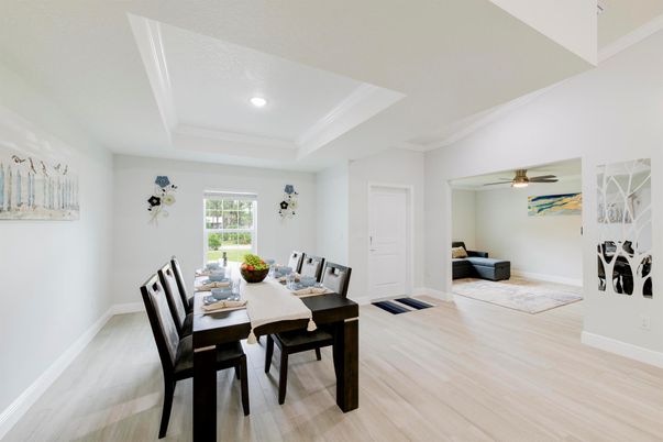 Dining room, Interior, Recessed Lighting, Wood Texture Flooring