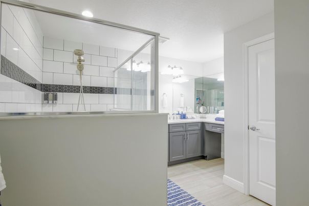 Bathroom, Glass Shower, Interior, Recessed Lighting, Wood Texture Flooring