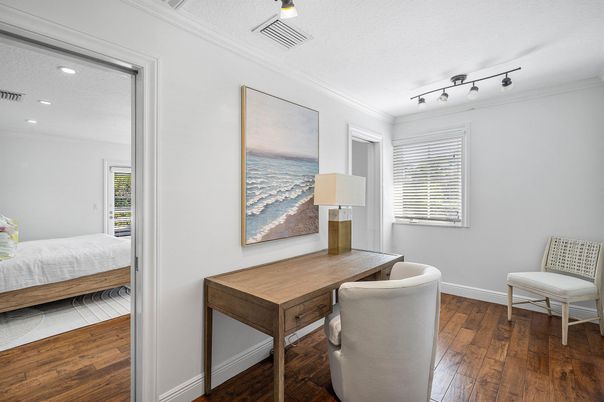 Bedroom, Home Office, Interior, Recessed Lighting, Wood Texture Flooring