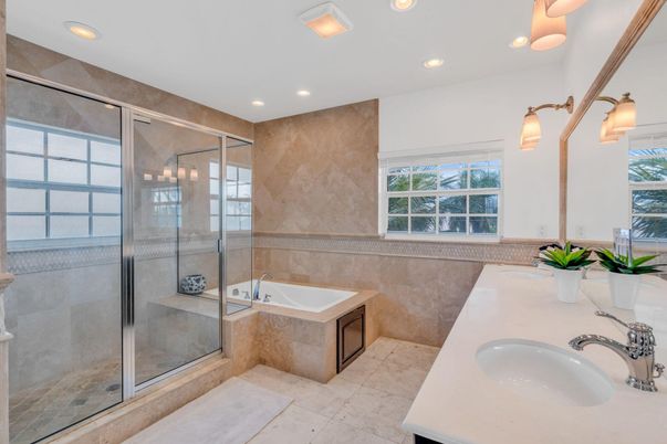 Bathroom, Dual Sink Vanities, Glass Shower, Interior, Recessed Lighting