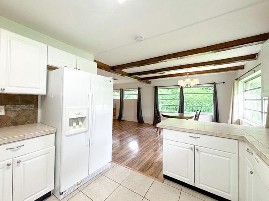 Chandelier, Interior, Kitchen, Tile Countertops, Wooden Beams, Wood Texture Flooring