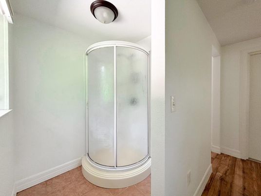 Bathroom, Glass Shower, Interior, Wood Texture Flooring