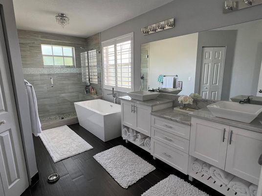 Bathroom, Dual Sink Vanities, Free Standing Baths, Interior, Wood Texture Flooring