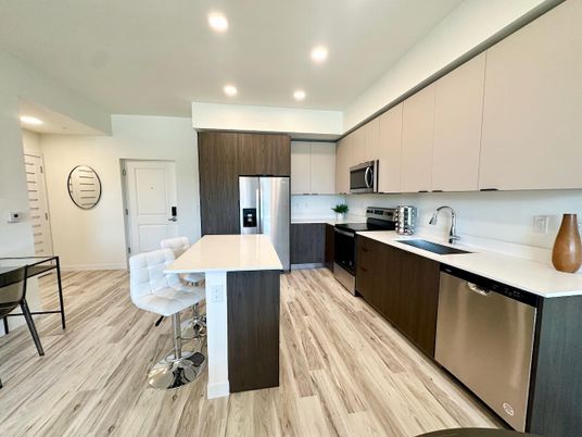 Interior, Kitchen, Recessed Lighting, Stainless Steel Appliances, Wood Texture Flooring