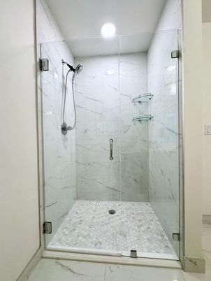 Bathroom, Glass Shower, Interior, Marble Walls, Recessed Lighting