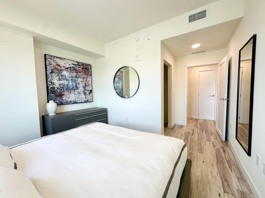 Bedroom, Interior, Recessed Lighting, Wood Texture Flooring