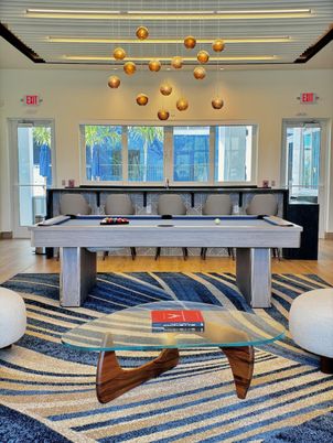Billiard Table, Game Room, Interior, Pendant Lights, Wood Texture Flooring