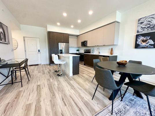 Dining room, Interior, Kitchen, Recessed Lighting, Stainless Steel Appliances, Wood Texture Flooring