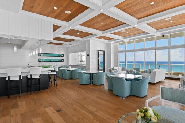 Dining room, Interior, Living room, Pendant Lights, Recessed Lighting, Water, Wooden Ceilings, Wood Texture Flooring