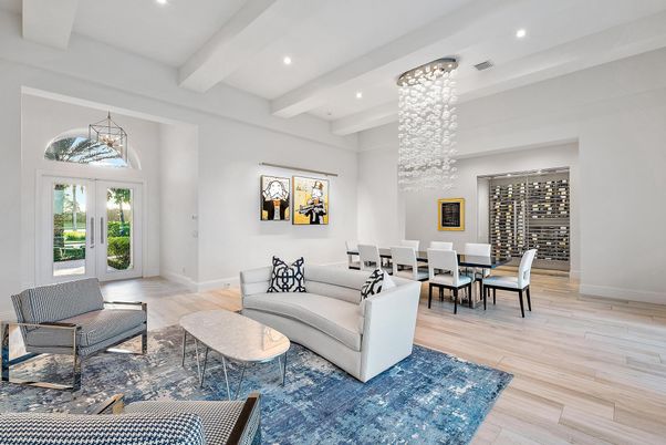 Chandelier, Dining room, Interior, Living room, Pendant Lights, Recessed Lighting, Wood Texture Flooring
