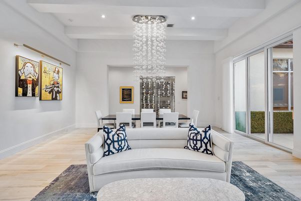 Chandelier, Dining room, Interior, Living room, Pendant Lights, Recessed Lighting, Wood Texture Flooring
