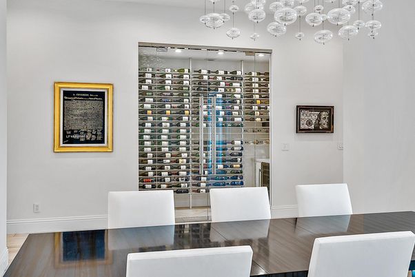 Dining room, Interior, Pendant Lights, Wine Storage, Wood Texture Flooring