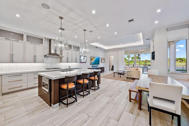 Interior, Kitchen, Living room, Pendant Lights, Recessed Lighting, Stainless Steel Appliances, Water, Wood Texture Flooring