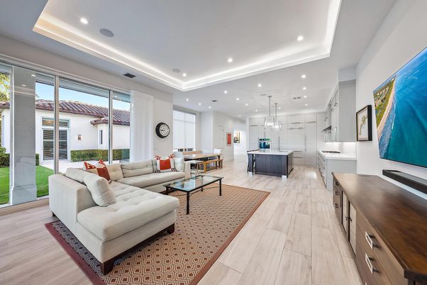 Interior, Kitchen, Living room, Pendant Lights, Recessed Lighting, Wood Texture Flooring