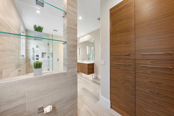 Bathroom, Glass Shower, Interior, Recessed Lighting, Wood Texture Flooring