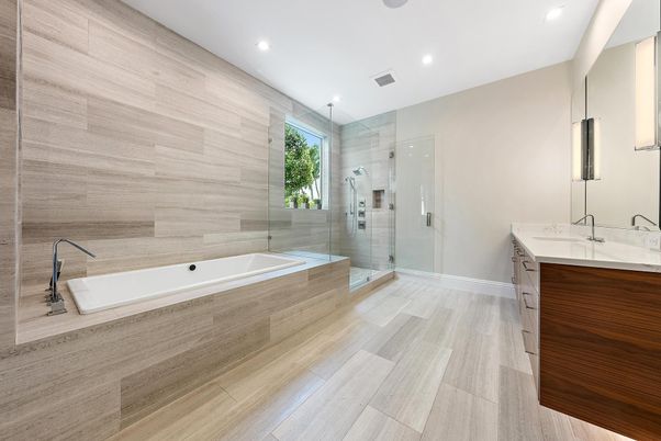 Bathroom, Dual Sink Vanities, Glass Shower, Interior, Recessed Lighting, Wood Texture Flooring