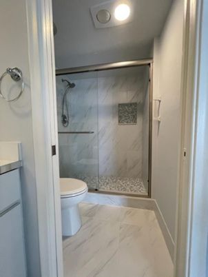 Bathroom, Glass Shower, Interior, Marble, Marble Walls, Recessed Lighting
