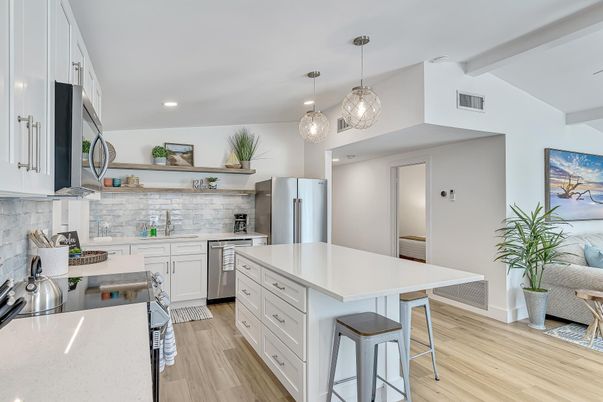 Interior, Kitchen, Pendant Lights, Recessed Lighting, Stainless Steel Appliances, Wood Texture Flooring