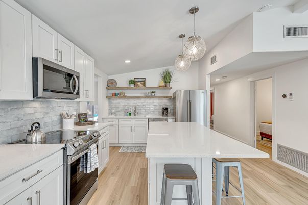 Interior, Kitchen, Pendant Lights, Recessed Lighting, Stainless Steel Appliances, Wood Texture Flooring
