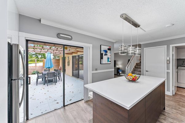 Dining room, Interior, Kitchen, Pendant Lights, Wood Texture Flooring