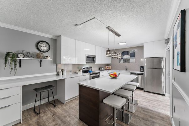 Interior, Kitchen, Pendant Lights, Stainless Steel Appliances, Wood Texture Flooring