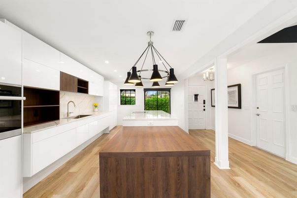 Interior, Kitchen, Pendant Lights, Recessed Lighting, Wood Texture Flooring