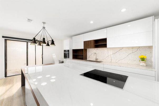 Chandelier, Interior, Kitchen, Marble Walls, Pendant Lights, Recessed Lighting, Wood Texture Flooring