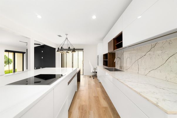 Interior, Kitchen, Marble Walls, Pendant Lights, Recessed Lighting, Wood Texture Flooring