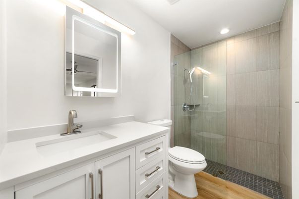 Bathroom, Glass Shower, Interior, Recessed Lighting, Wood Texture Flooring