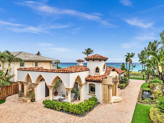 Backyard, Exterior, Facade, Water, Spanish Mediterranean