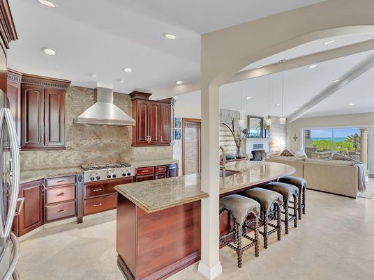 Fireplace, Interior, Kitchen, Living room, Pendant Lights, Recessed Lighting, Stainless Steel Appliances