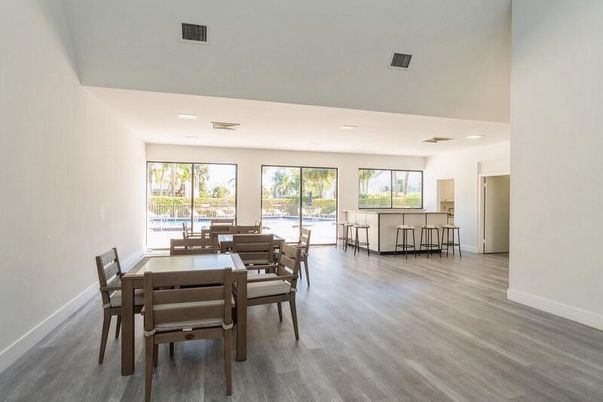 Dining room, Interior, Recessed Lighting, Wood Texture Flooring