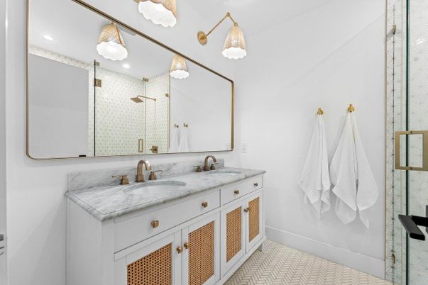 Bathroom, Dual Sink Vanities, Glass Shower, Interior, Pendant Lights, Recessed Lighting